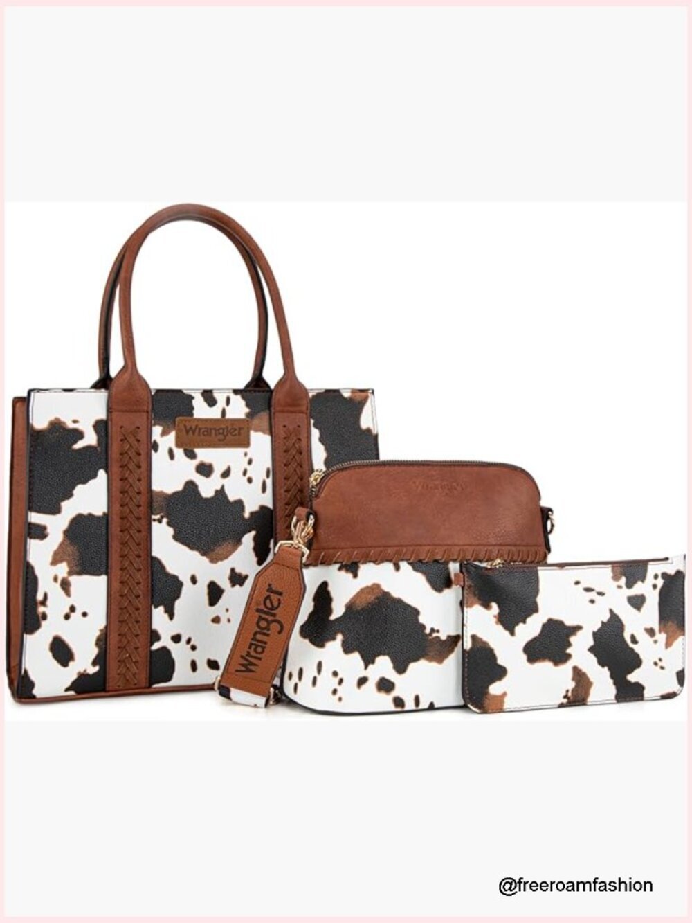 3-Piece Faux Leather Tote Crossbody Wristlet Set with Cow Print